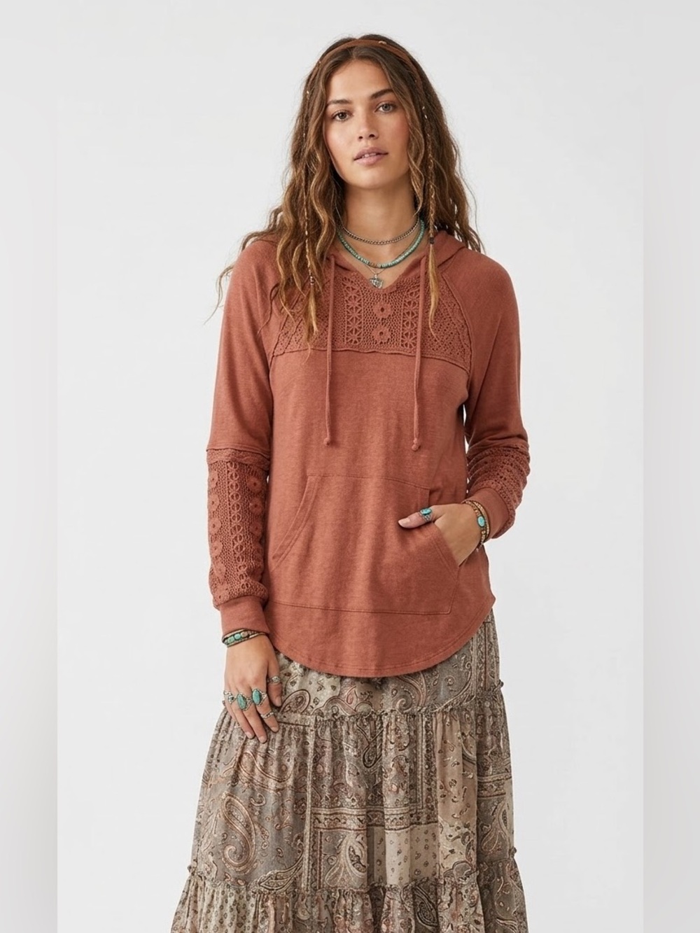 Boho Goblincore Hooded Sweatshirt Crochet Stretchy Comfort Hobbit Earthy Rust